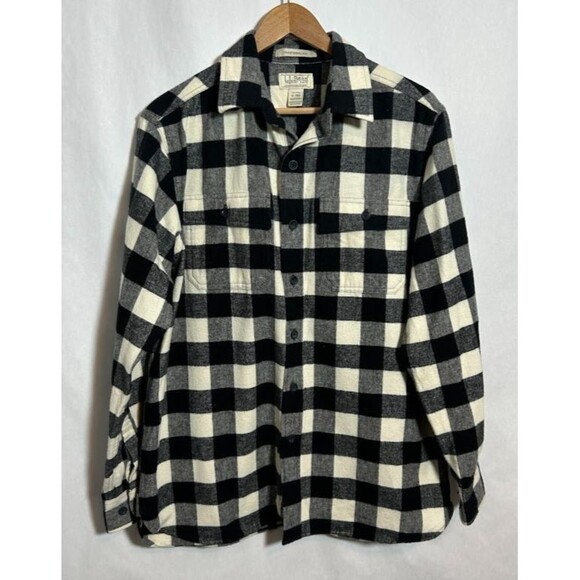 LL BEAN Heavy Chamois Plaid Shirt M Black White 100% Cotton Button Up 277981 - Picture 2 of 5
